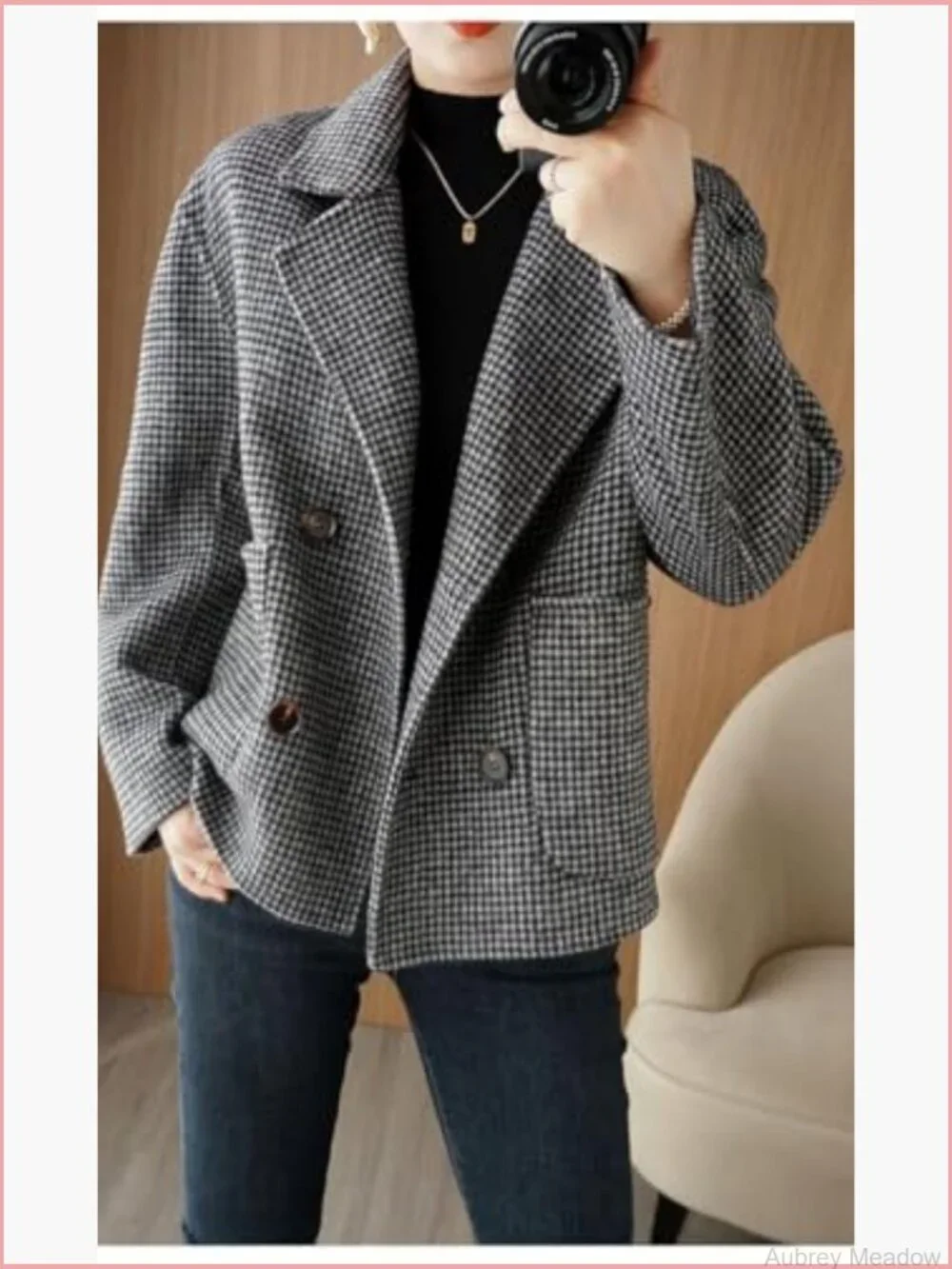 Cropped Wool Pea Coat Houndstooth Double Breasted Short Blazer Jacket